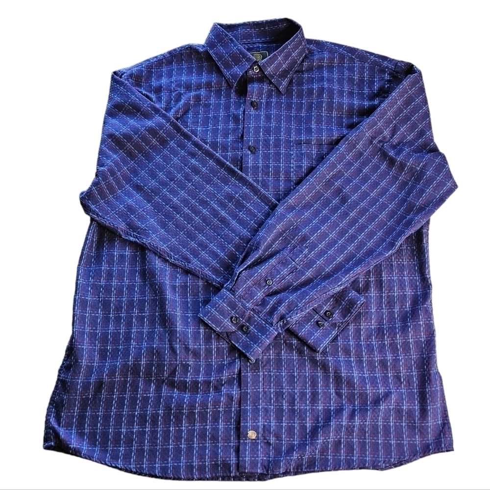 F/X Fusion men's long sleeve button front blue / red plaid shirt size XL